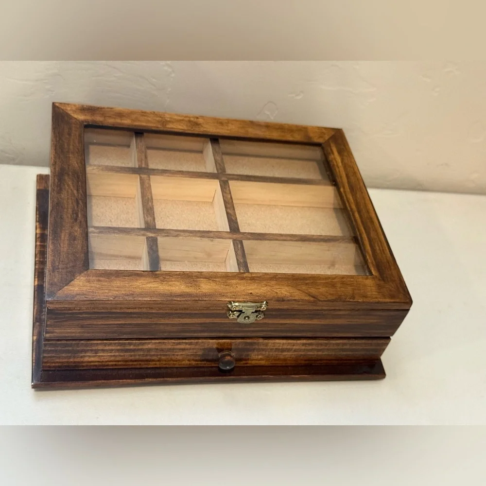 Wooden Brown Glass Jewelry Watch Box With Shelf Organizer